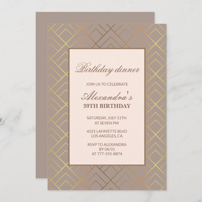 Elegant Gold 39th birthday Dinner invitations  (Front/Back)