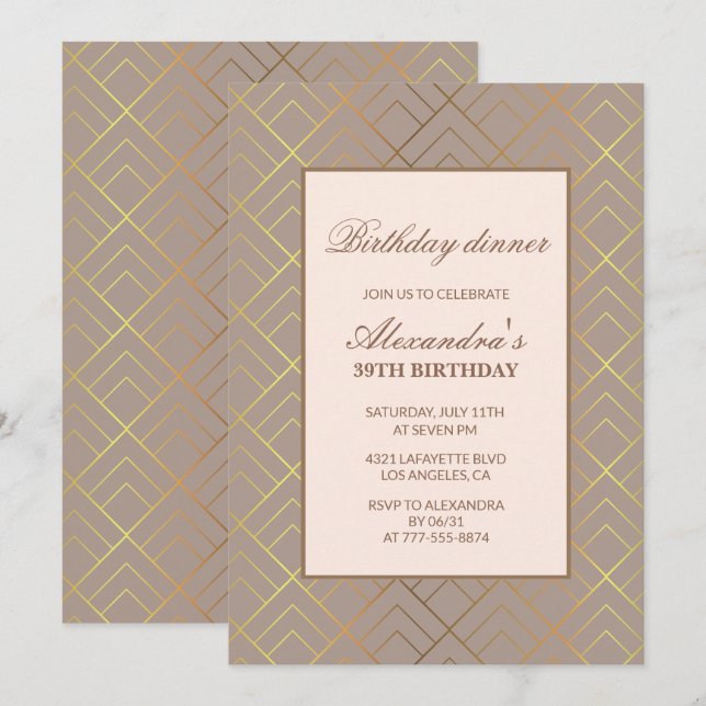 Elegant Gold 39th birthday invitations Dinner  (Front/Back)