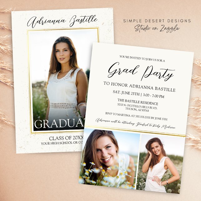 Elegant Gold 3 Photo Calligraphy Graduation Party Invitation (Elegant Cream and Gold Signature Graduation Invitation)