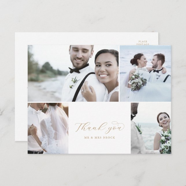 Elegant Gold 4 Photo Collage Wedding Thank You Postcard (Front/Back)