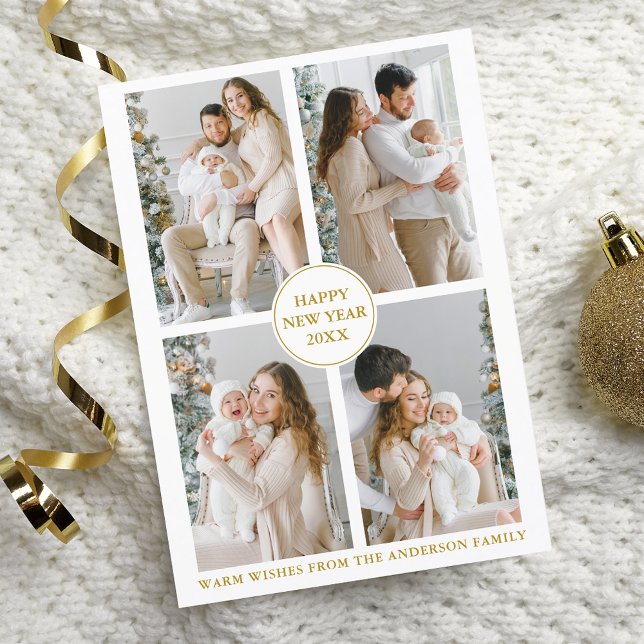 Elegant Gold 4 Photo Happy New Year Holiday Card (Customize to change text size, style or color.)