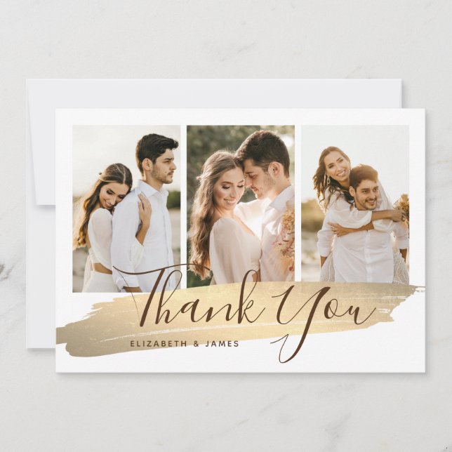 Elegant Gold 4 Photo Wedding Thank You Card (Front)