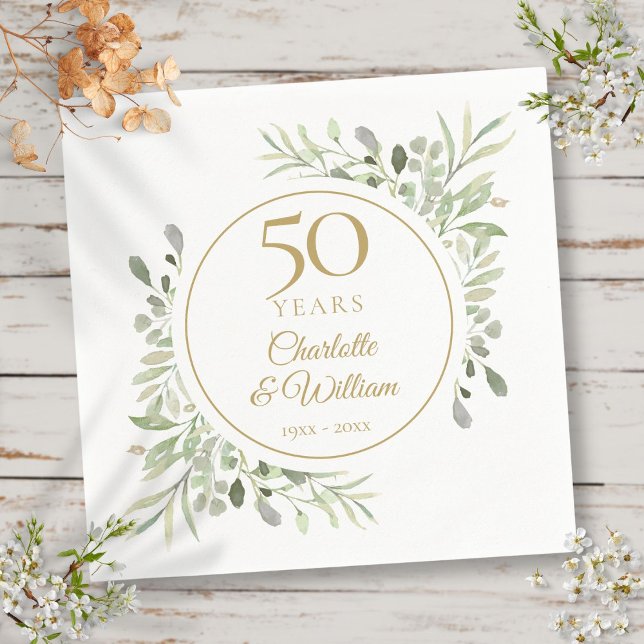 Elegant Gold 50th Anniversary Watercolor Greenery Napkin (Elegant Gold 50th Anniversary Watercolor Greenery Napkins)