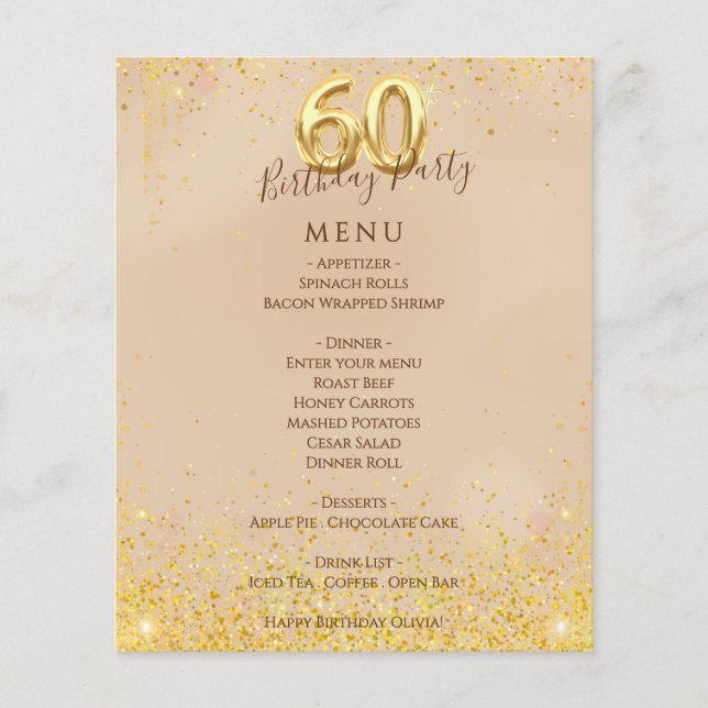 Elegant Gold 60th Birthday Party Menu (Front)