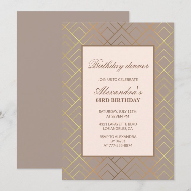 Elegant Gold 63rd birthday Dinner invitations  (Front/Back)