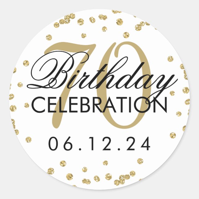 Elegant Gold 70th Birthday Glitter Confetti Classic Round Sticker (Front)