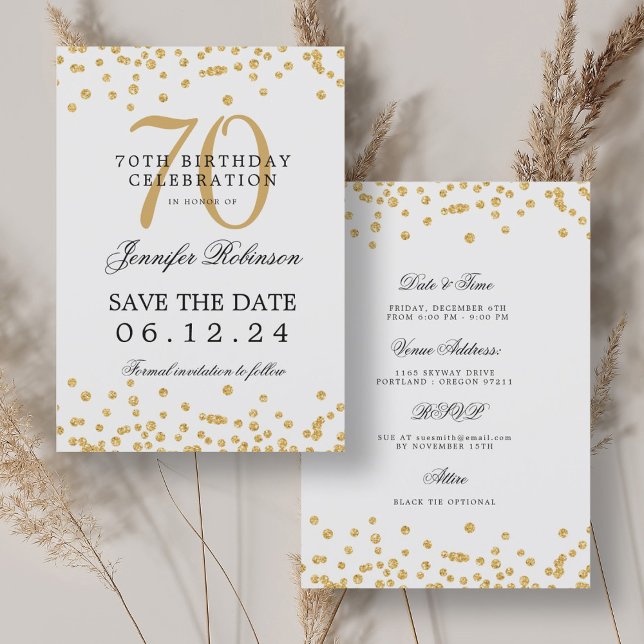 Elegant Gold 70th Birthday Save the Date Details Invitation (Elegant Gold 70th Birthday Save the Date Details Invitation)