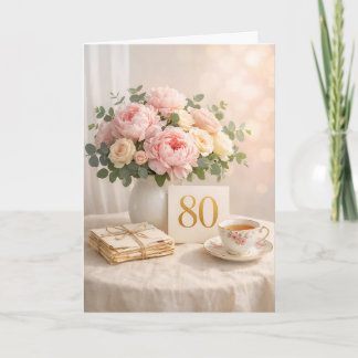 Elegant Gold “80” Floral Tea Party 80th Birthday Card