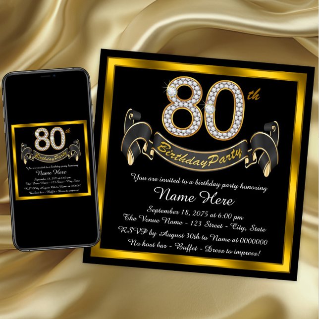 Elegant Gold 80th Birthday Party Invitation (80th birthday party invitations. Instant download and printed invitations available. )
