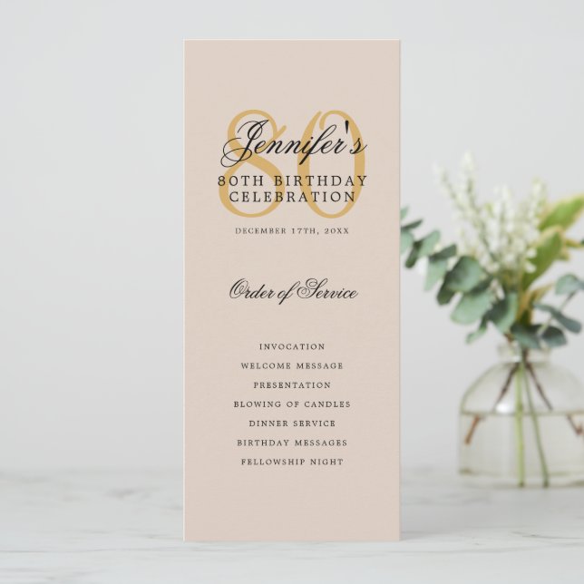 Elegant Gold 80th Birthday Program Menu Champagne (Standing Front)