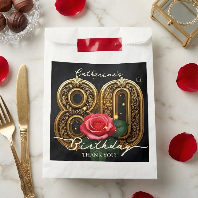 Elegant Gold 80th Birthday Red Rose Floral Black Favour Bag (Creator Uploaded)
