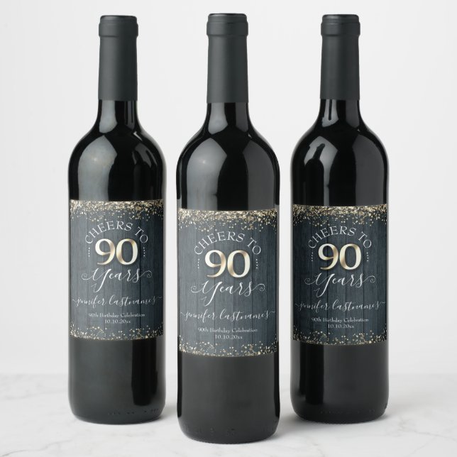 Elegant Gold 90th Birthday Script Wine Label (Bottles)