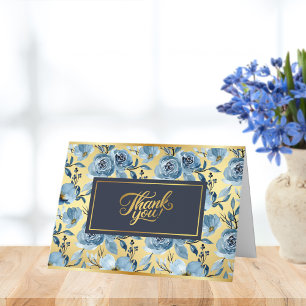 Elegant Gold Accent Blue Rose Pattern Cottagecore Thank You Card