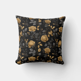 Elegant Gold Accent Rose Black Floral Pattern Cushion