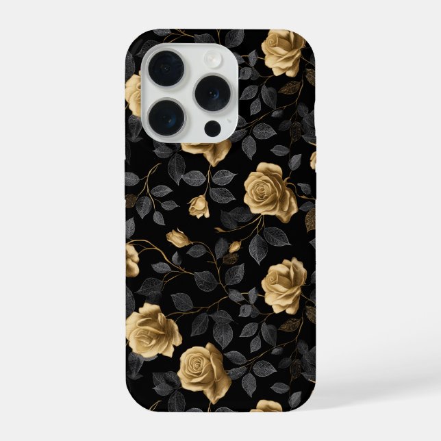 Elegant Gold Accent Rose Black Floral Pattern iPhone Case (Back)
