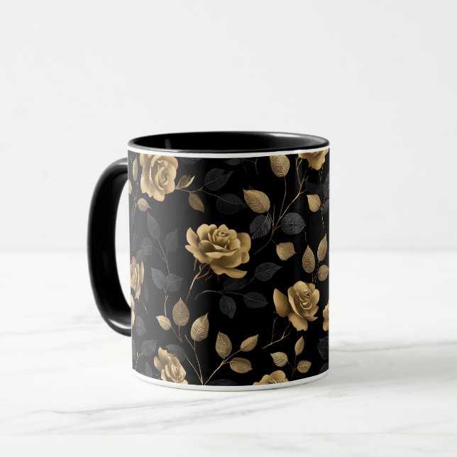 Elegant Gold Accent Rose Black Floral Pattern Mug (Front Left)