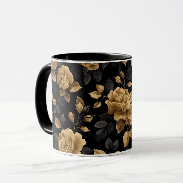 Elegant Gold Accent Rose Black Floral Pattern Mug (Front Left)