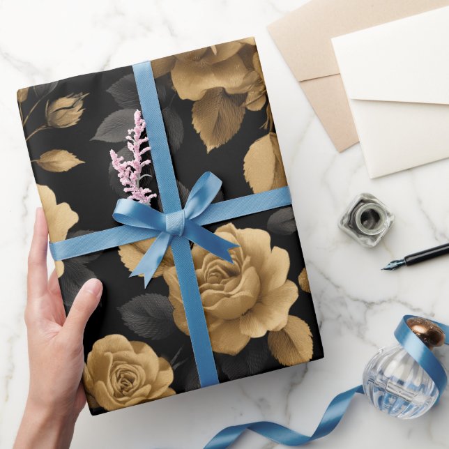 Elegant Gold Accent Rose Black Floral Pattern Wrapping Paper (Gifting)
