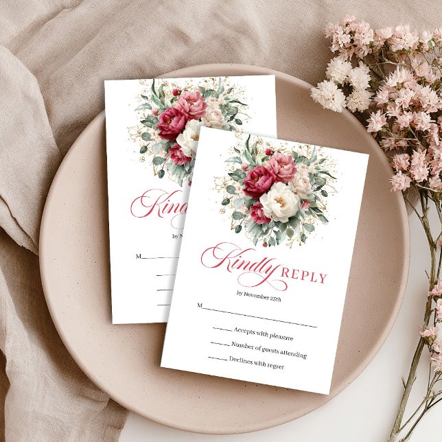 Elegant Gold Accent Wedding RSVP Red Blush Card (Elegant Gold Accent Wedding RSVP Red Blush)