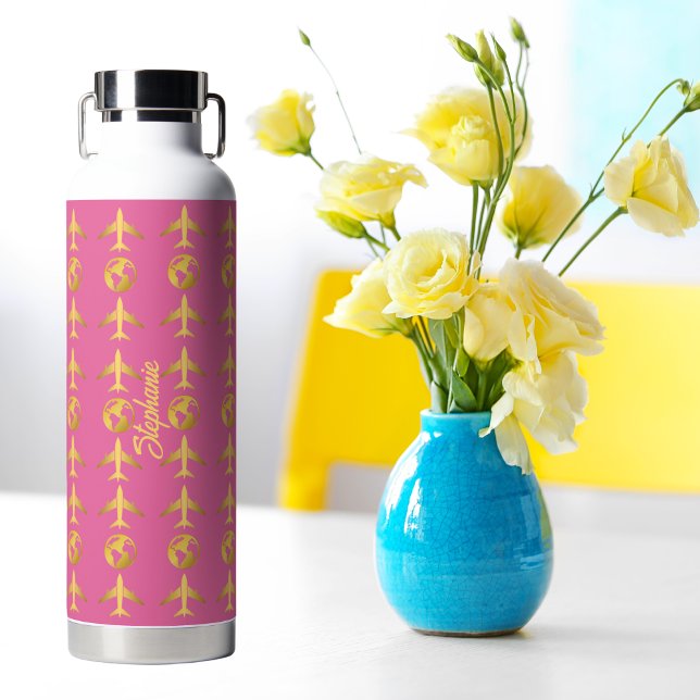 Elegant Gold Aeroplane World Globe,Minimalist pink Water Bottle (Creator Uploaded)