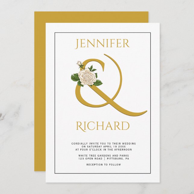 Elegant gold ampersand and white rose wedding invitation (Front/Back)