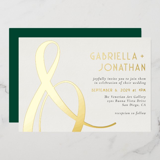Elegant Gold Ampersand Emerald Green Cream Wedding (Front/Back)