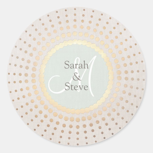 Elegant Gold and Beige Wedding Name Round Classic Round Sticker (Front)