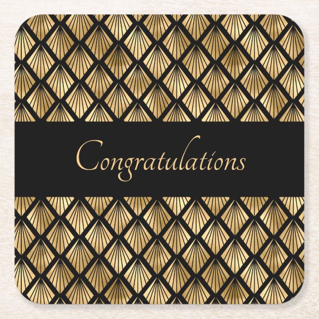 Elegant Gold and Black Art Deco Geometric Fans   Square Paper Coaster (Front)