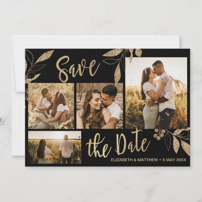 Elegant Gold and Black Botanical Photo Collage Save The Date (Front)