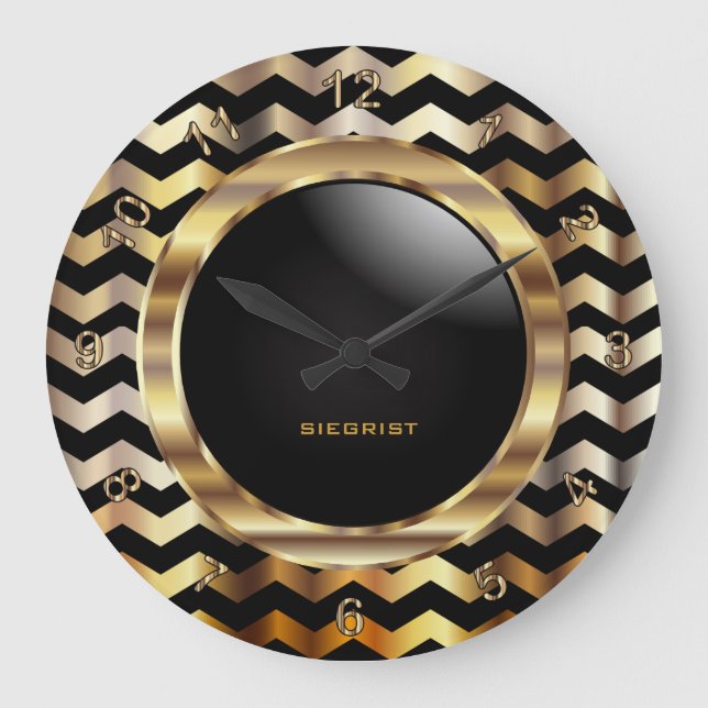 Elegant Gold and Black Chevron Design Large Clock (Front)