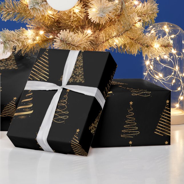 Elegant Gold and Black Christmas Trees  Wrapping Paper (Holidays)