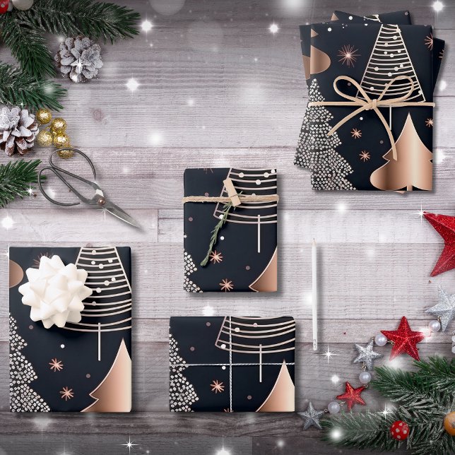 Elegant Gold and Black Christmas Trees Wrapping Paper Sheet (Creator Uploaded)