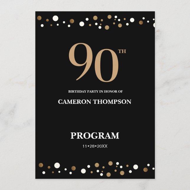 Elegant Gold and Black Confetti 90th birthday  Program (Front)