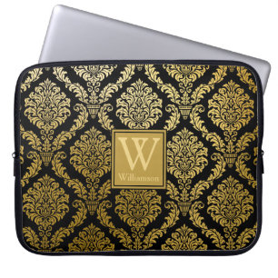 Elegant Gold and Black Damask Print Personalised Laptop Sleeve