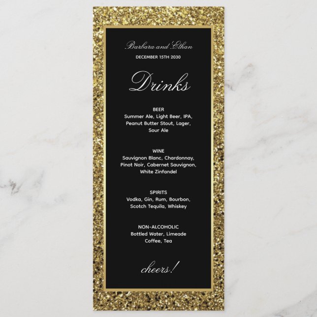 Elegant Gold and Black Drink Menu Card (Front)