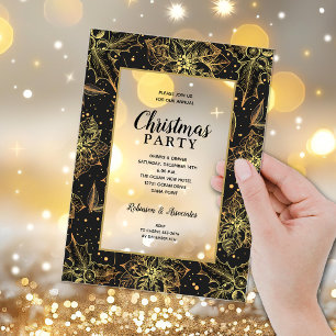 Elegant Gold and Black Floral Christmas Party Acrylic Invitations