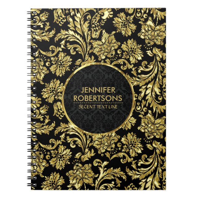 Elegant Gold And Black Floral Damasks Notebook (Front)