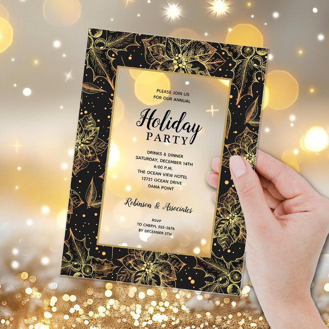 Elegant Gold and Black Floral Holiday Party Acrylic Invitations (Elegant gold poinsettias and holly on black holiday party ACRYLIC invitations)