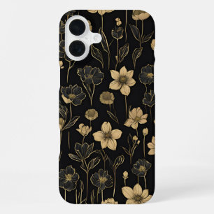 Elegant Gold and Black Floral Pattern iPhone 16 Plus Case