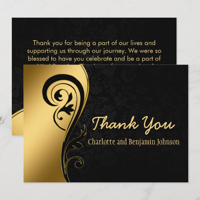 Elegant Gold and Black Floral Wedding  Thank You Card (Front/Back)