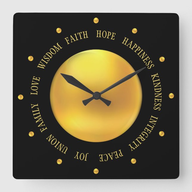 Elegant Gold and Black Good Vibes Square Wall Clock (Front)