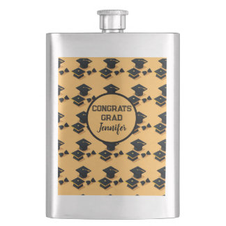 Elegant Gold and Black Graduation Cap Pattern Hip Flask