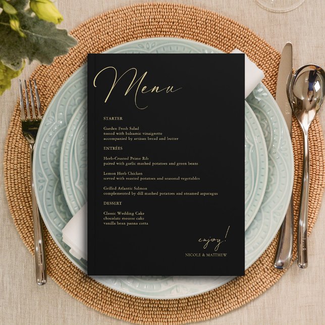 Elegant Gold and Black Hand Lettered Wedding Menu (Personalized Elegant Gold and Black Hand Lettered Wedding Menu)