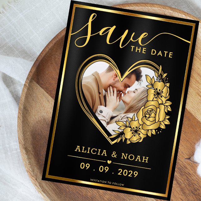 Elegant Gold and Black Heart Photo Save the Date  (Creator Uploaded)