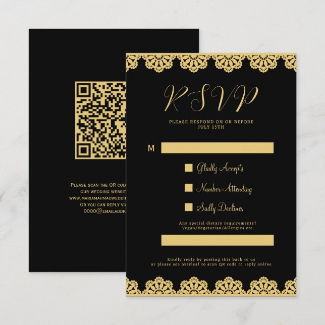 Elegant Gold and Black Islamic QR Code RSVP Card (Front/Back)