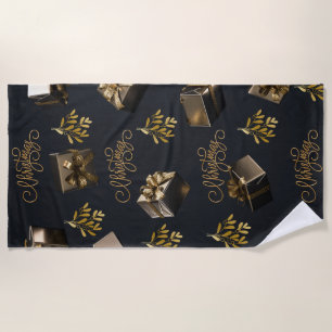 Elegant Gold And Black Merry Christmas  Beach Towel