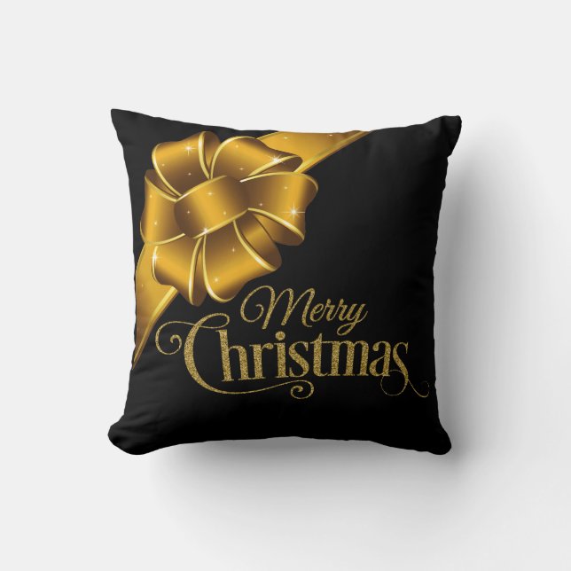 Elegant Gold and Black Merry Christmas Bow Holiday Cushion (Front)