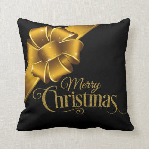 Elegant Gold and Black Merry Christmas Bow Holiday Cushion