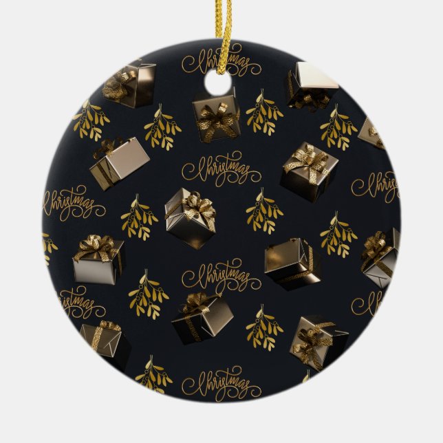 Elegant Gold And Black Merry Christmas  Ceramic Ornament (Front)