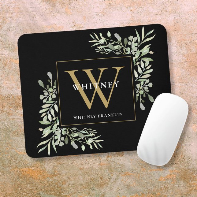 Elegant Gold and Black Monogram Greenery Floral Mouse Pad (Elegant Gold and Black Monogram Greenery Floral Mouse Pad)